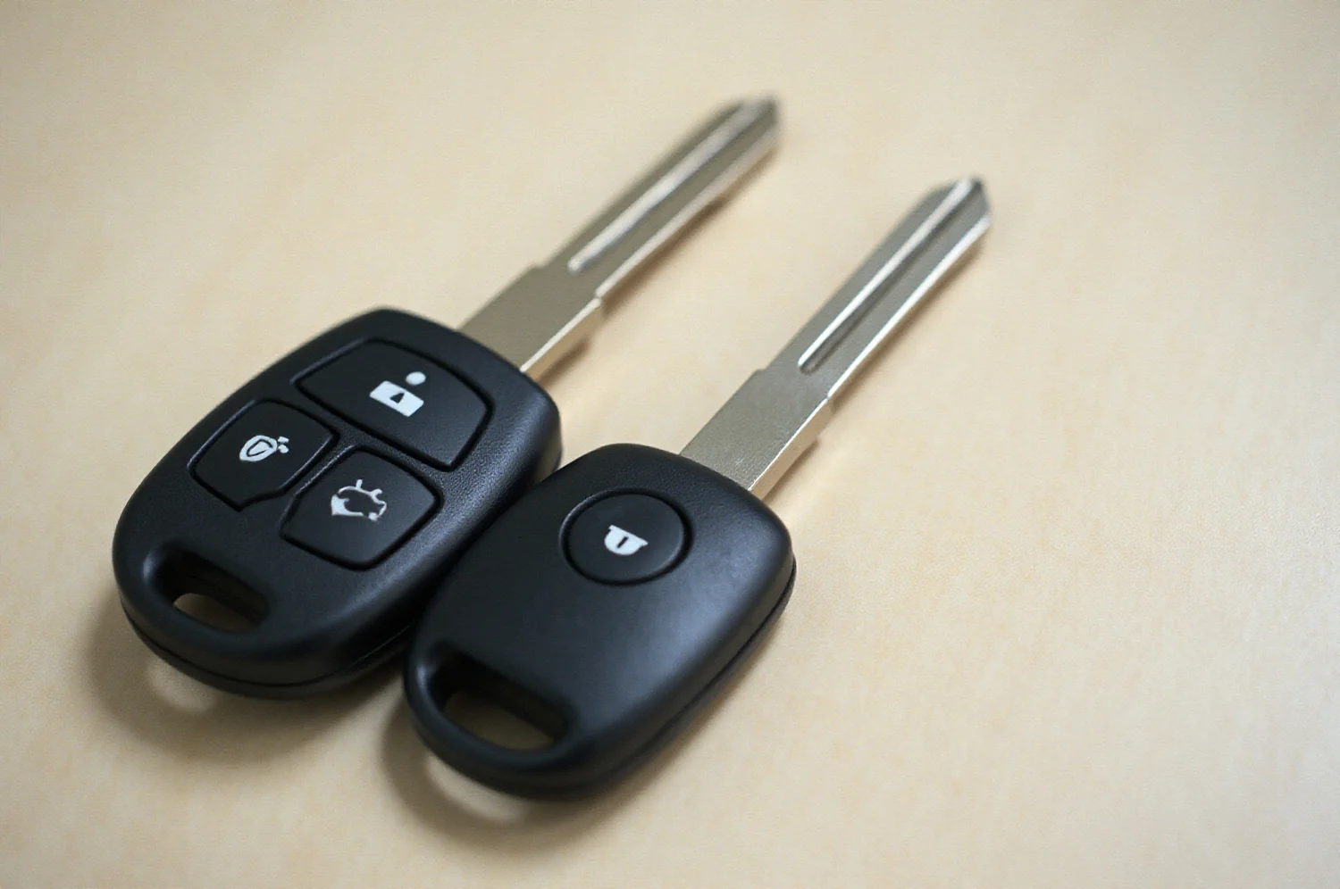 Automobilio raktai be ženklų ir lygus pultelis ant aptarnavimo stalo